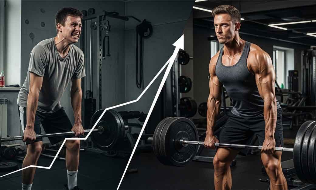 Een gesplitste afbeelding die de progressie van spiergroei door krachttraining laat zien. Aan de linkerkant heeft een tengere man moeite met het deadliften van een licht gewicht. Aan de rechterkant tilt een zeer gespierde man een zware halter op. Een witte lijn in de vorm van een stijgende grafiek loopt over de afbeelding om vooruitgang te benadrukken.