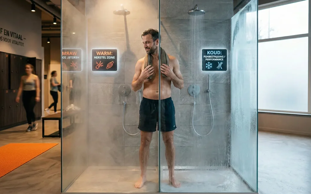 Een realistische actiefoto van een fitte man die na zijn training in een moderne Nederlandse gym staat en een keuze maakt tussen een warme douche met stoom voor ontspanning en een koude douche met condensatie voor spierherstel en pijnbestrijding.