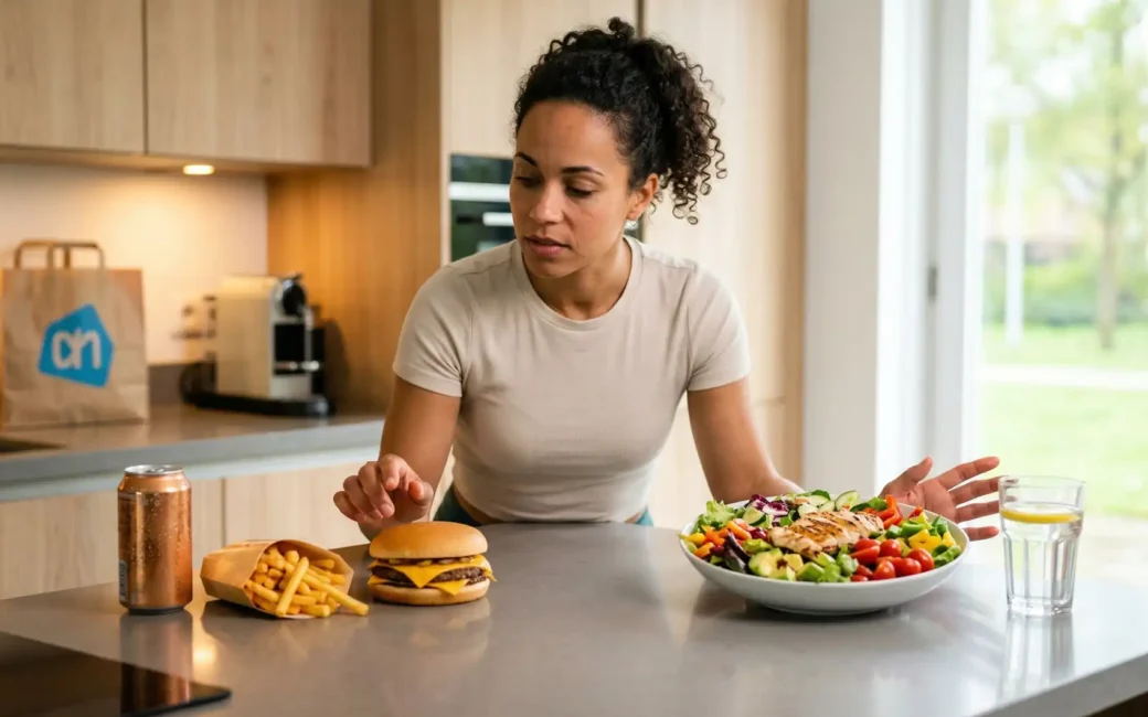Alt-tekst: Een realistische actiefoto van een fitte vrouw van gemengde afkomst die in de voorgrond torn staat tussen een warm-verlichte fast-food hamburger en friet en een helder-verlichte gezonde salade en water in een moderne keuken.