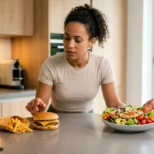 Alt-tekst: Een realistische actiefoto van een fitte vrouw van gemengde afkomst die in de voorgrond torn staat tussen een warm-verlichte fast-food hamburger en friet en een helder-verlichte gezonde salade en water in een moderne keuken.